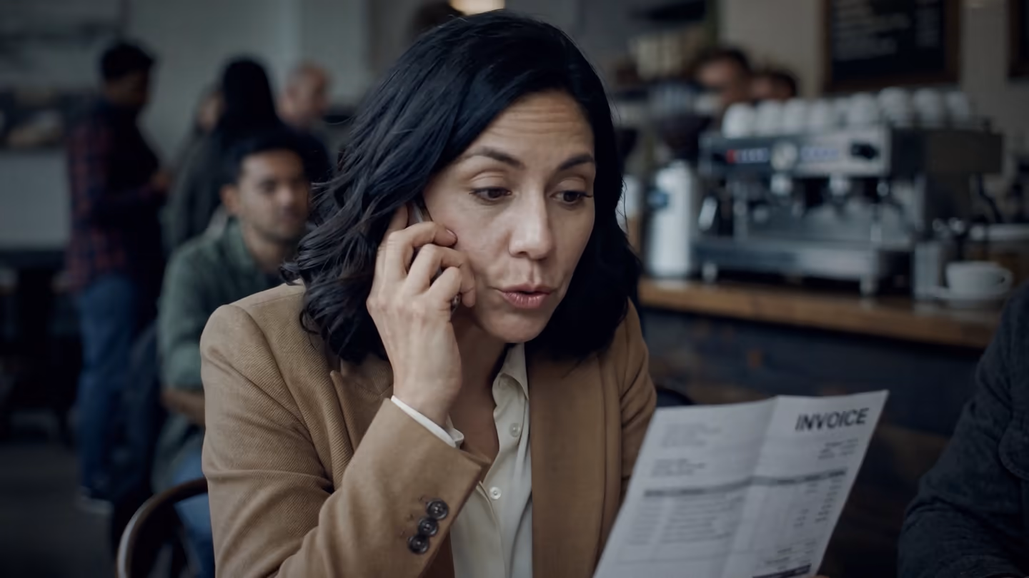 A client on the phone in a busy café, reading a payee's account number from an invoice